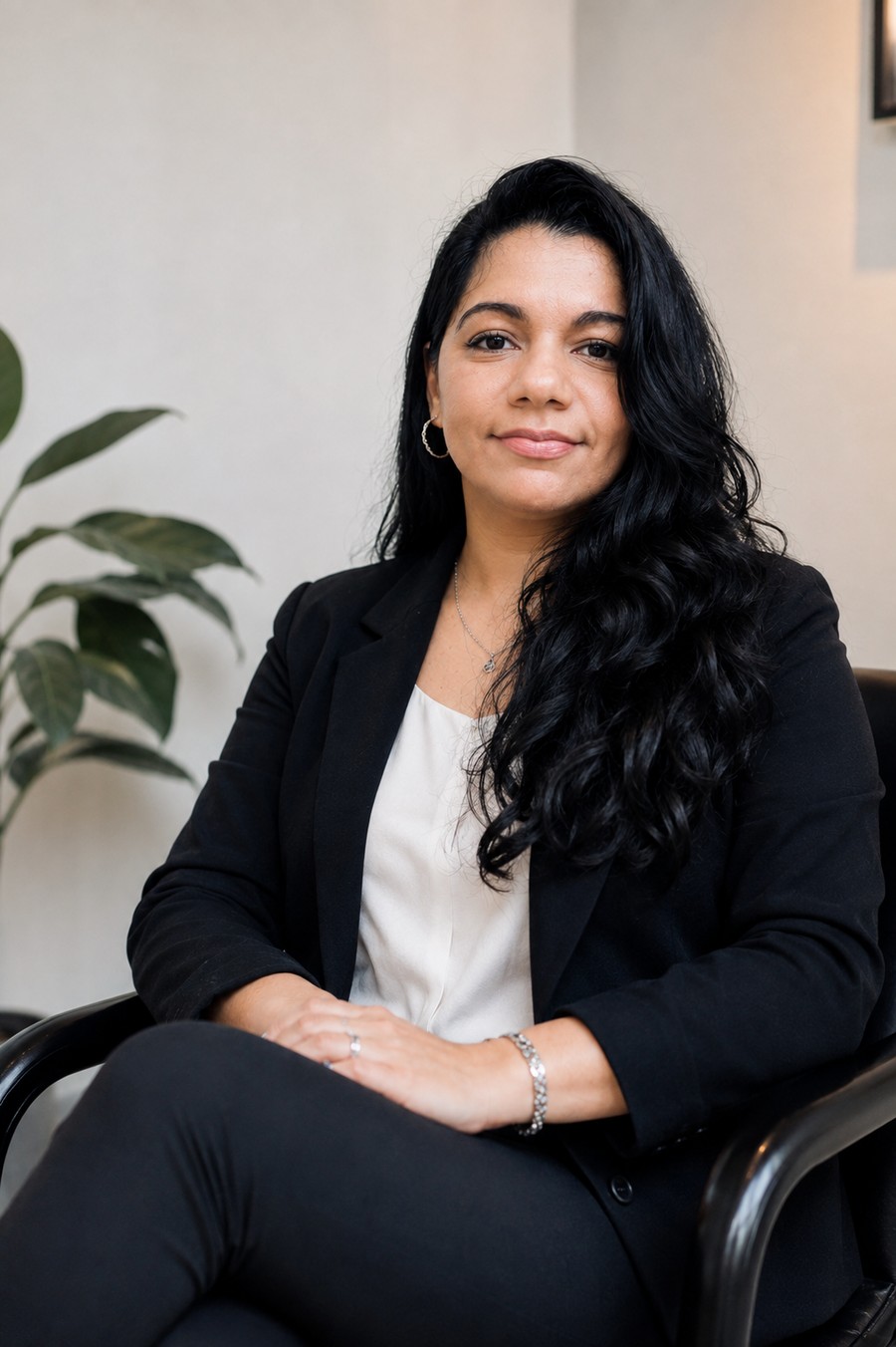 Liziane Ferreira, contadora, sentada no escritório