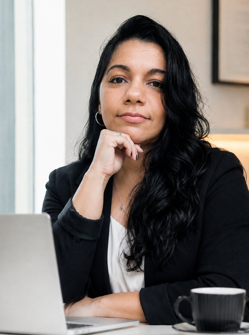 Liziane Ferreira, contadora, de frente, com a mão no queixo, o notebook e uma xícara na mesa